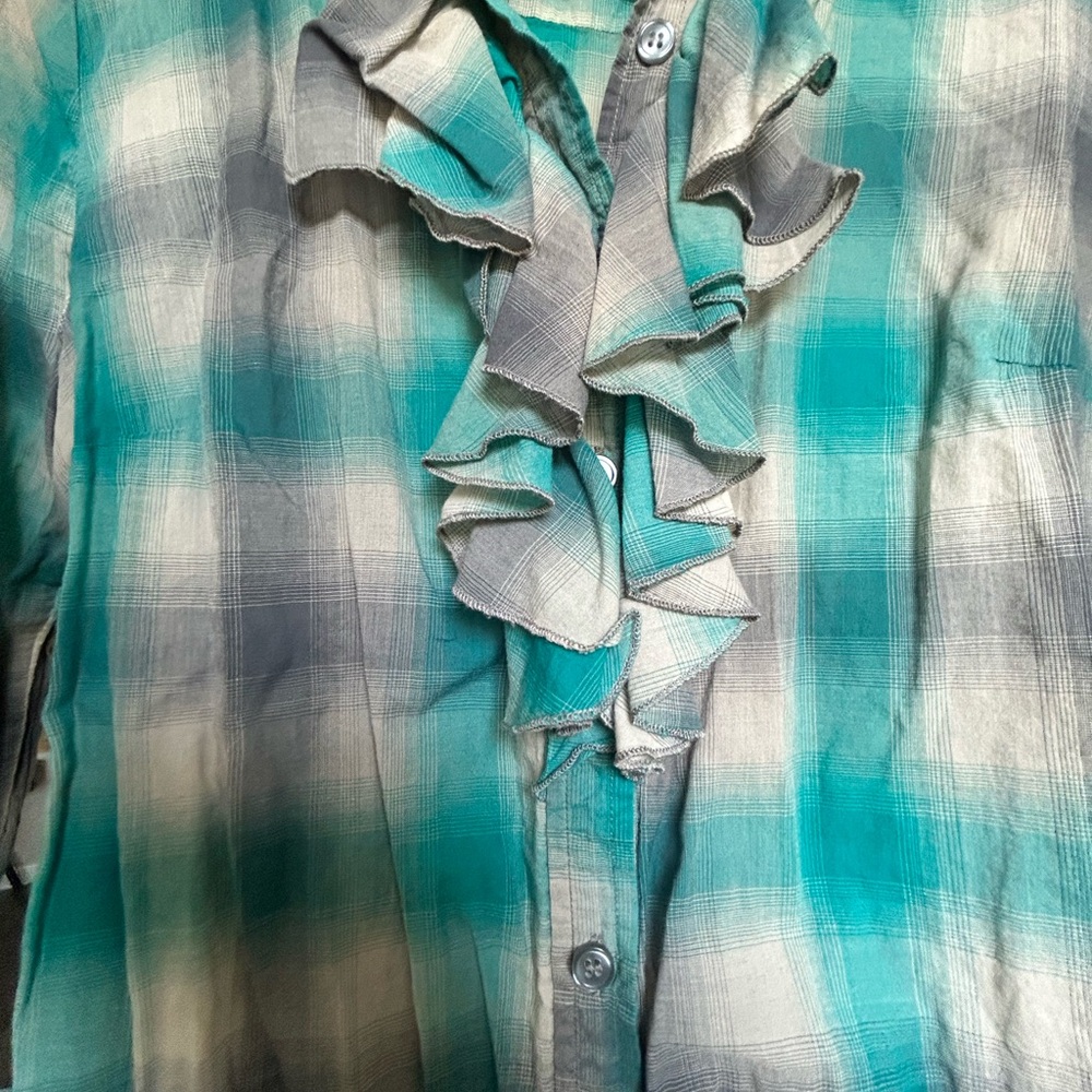 New York & Company Turquoise and Gray Plaid Blouse
